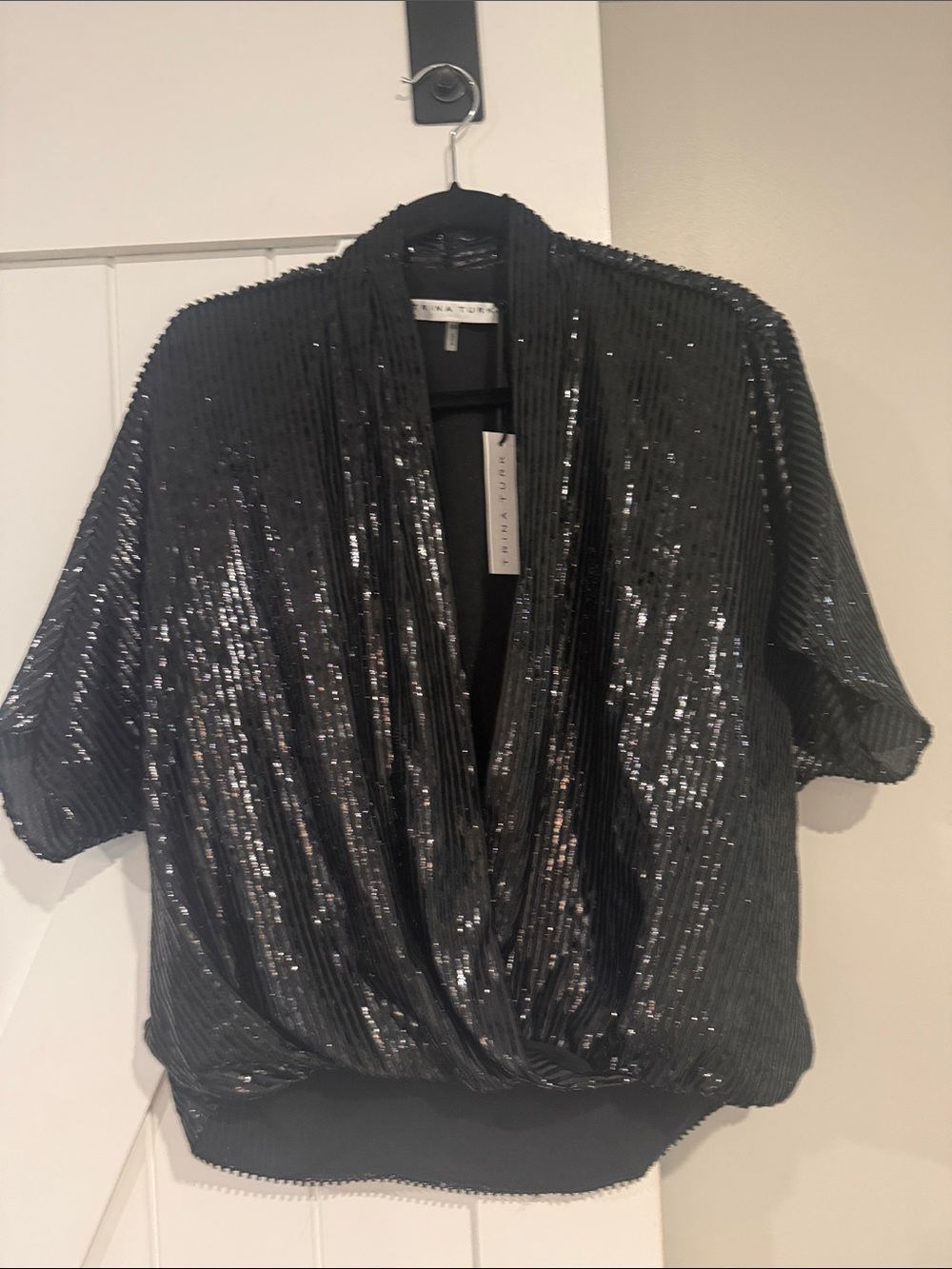 NWT - Trina Turk Black Shiny Draped Wrap Top XS/S